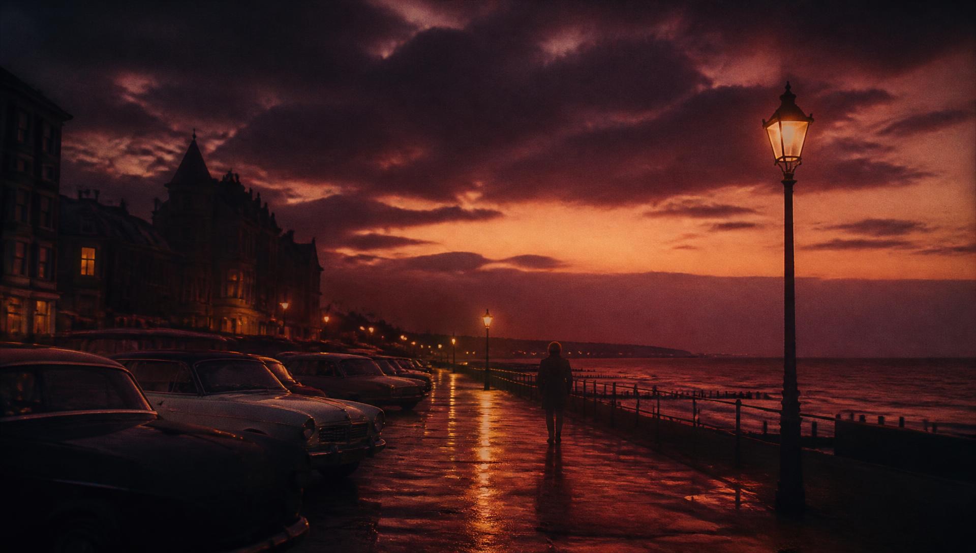 1970s Essex seaside promenade at twilight for the film Bruised Sky